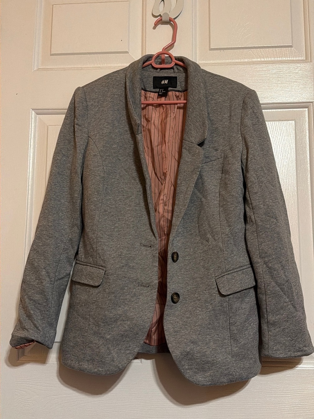 H&M Gray Cotton Jersey Blazer with Suede Elbow Patches & Pink Satin Lining